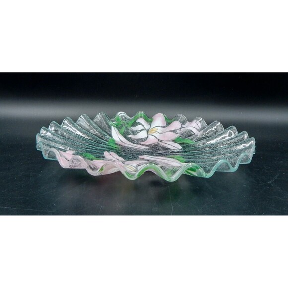 Sydenstricker Art Fused Glass Pink Lily Plate Ruffle Rim Platter 12 Inch - Picture 3 of 6